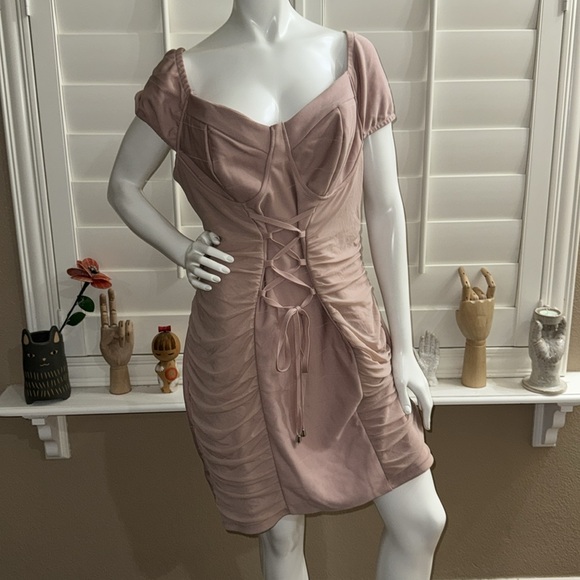 Haute Monde Blush Ruched Lace Up Bandage Dress - Picture 1 of 11